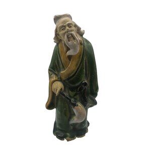 Vintage Hand-Painted Chinese Mud Man Figurine In Green & Yellow Robes